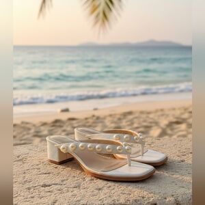 Pearl-Embellished Cream Low Block Heel Thong Mules